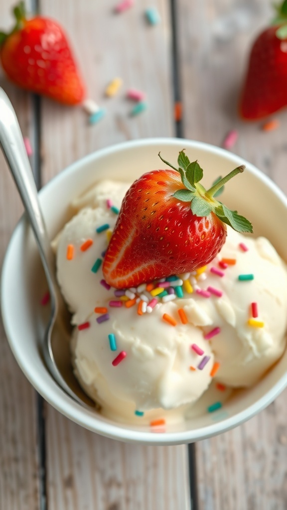 Homemade Vanilla Ice Cream Recipe A bowl of vanilla ice cream with sprinkles and a strawberry on a wooden table.